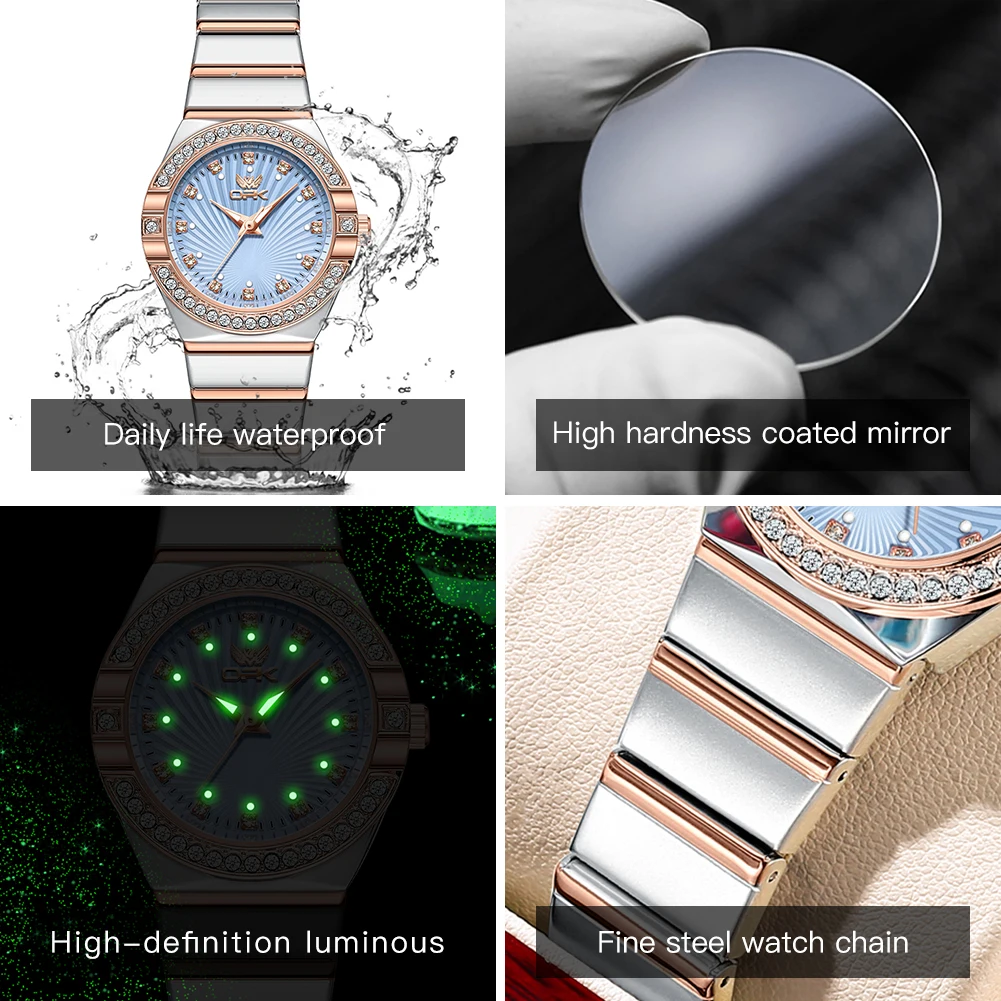 OPK 6042 Women's Quartz Watches Elegant Fashion Stainless Steel Strap Waterproof Luminous Diamond Dial Ladies Dress Wristwatches 5
