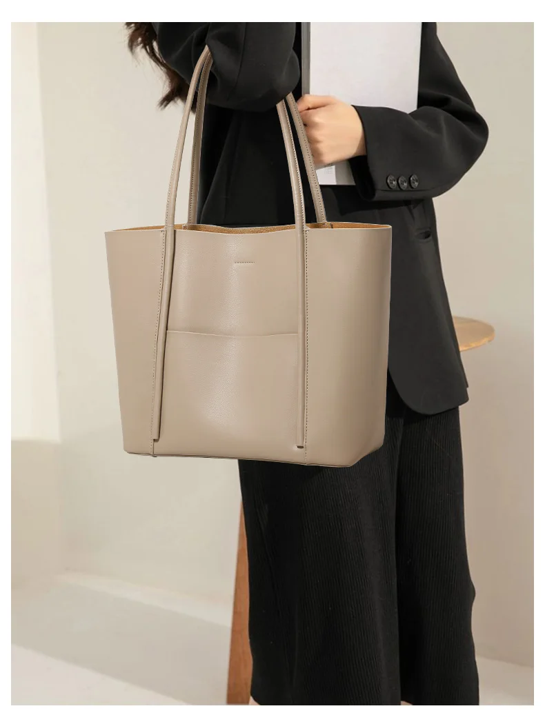 Minimalistische, glatte Tragetasche aus Rindsleder für Damen, cremefarbene, große Umhängetasche, tragbare Handtasche aus weichem Leder für die Arbeit, Freizeitausflüge – Detail 2