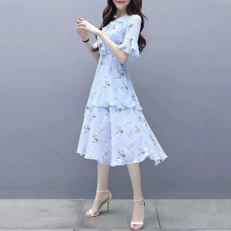 

Fashion Elegant French Party Dress Ladies Korean Summer Short Sleeve Dresse Printing Ruffles Sweet Floral Chiffon Dress Women