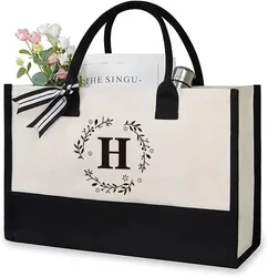 Personalized Canvas Tote Bag - Fashionable Large-Capacity Beach and Shopping Bag for Birthdays, Weddings, and Gifts (H)