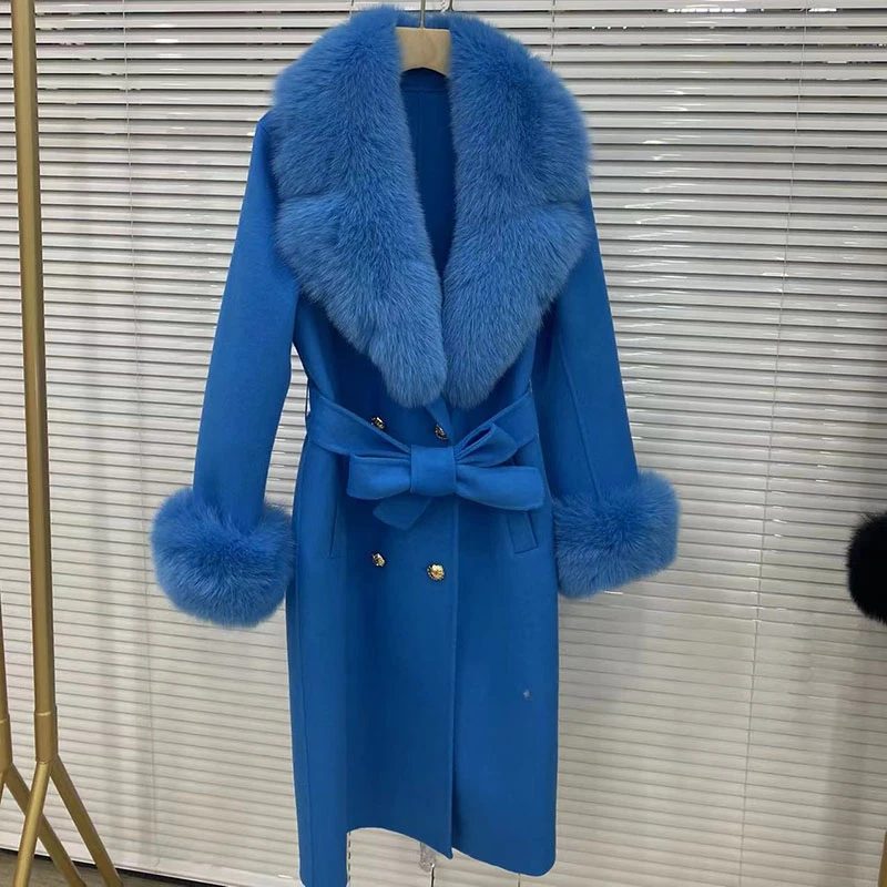 

2023 Women Wool Cashmere Blended Coat with Big Real Fox Fur Collar Fashion Winter Jacket Double Breasted Belt Outwear Cuff