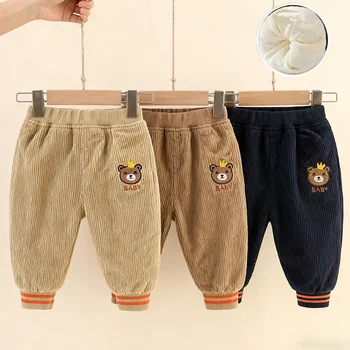 1pc Autumn Winter Children's Warm Pants Velvet Corduroy Cute Cartoon Bear Kid's Loose Solid Color Thickened Casual Pants 1