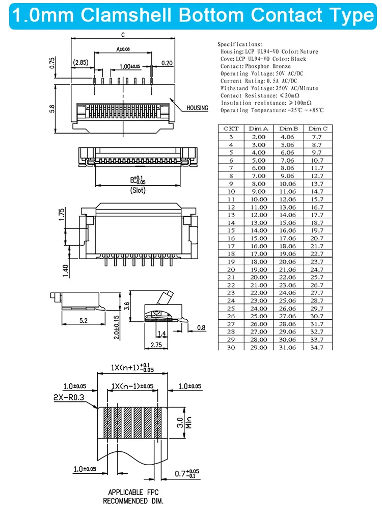 Description Picture 4 of item10pcs 0.5mm/1mm Pitch Under Clamshell Socket FPC FFC Flat Cable Connector 4P 5P 6P 8P 10P 12P 14P 16P 20P 22P 24P 30P 34P