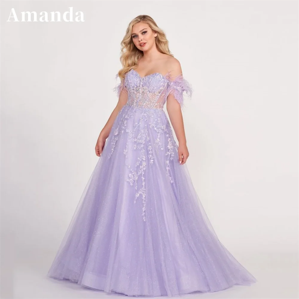 

Amanda Gliiter Lavender Prom Dress 2023 Shiny Off Shoulder A-line Vestidos De Noche Feather Sleeve Ball Gown فساتين مناسبة رسمية