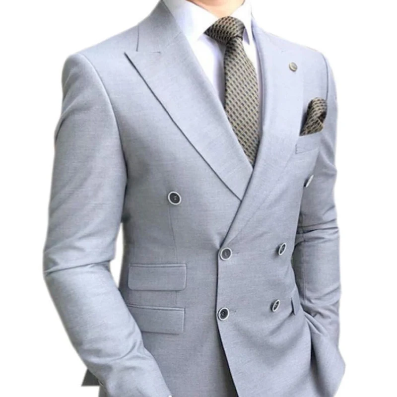 Double Breasted Slim Fit Men Suit For Groomsmen 2 Piece Wedding Tuxedo With Peaked Lapel Light Gray Custom Male Fashion Clothes