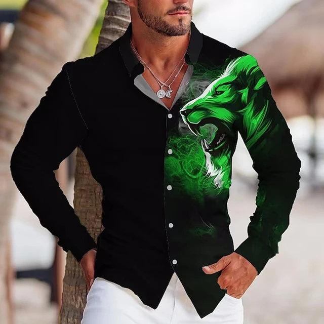 Wiosna moda koszule z długim rękawem dla mężczyzn dorywczo obszerna koszula  nadruk lwa bluzka z guzikami odzież męska plaża wysokiej jakości bluzki -  AliExpress
