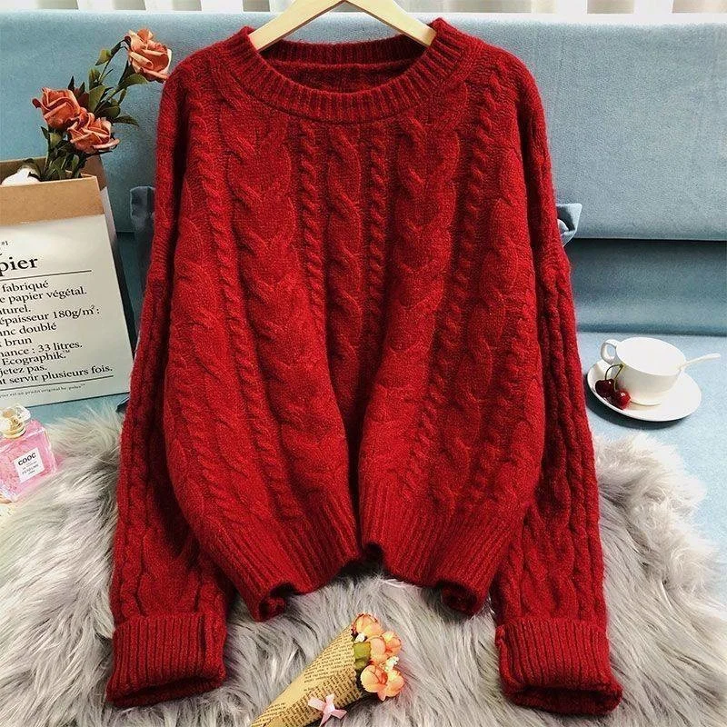 

New style loose, lazy red sweater, extra thick sweater, women's round neckline, and high quality sweater.