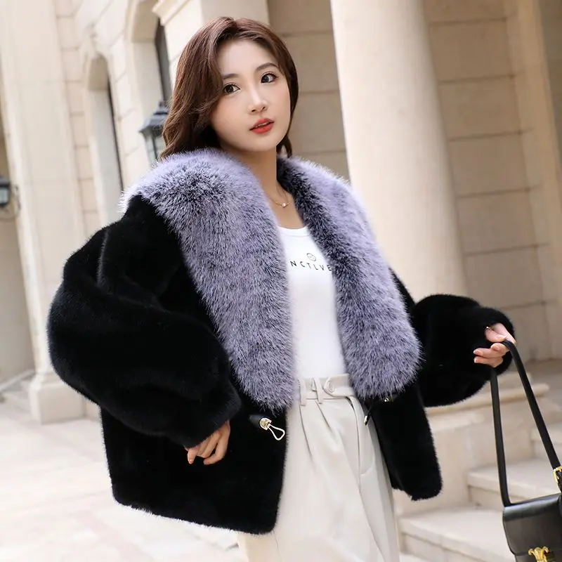 2023 Winter New Women Artificial Mink Hair Fur Coat Loose V-neck Thick Warm Short Outwear Female Retro Patchwork Casual Outcoat