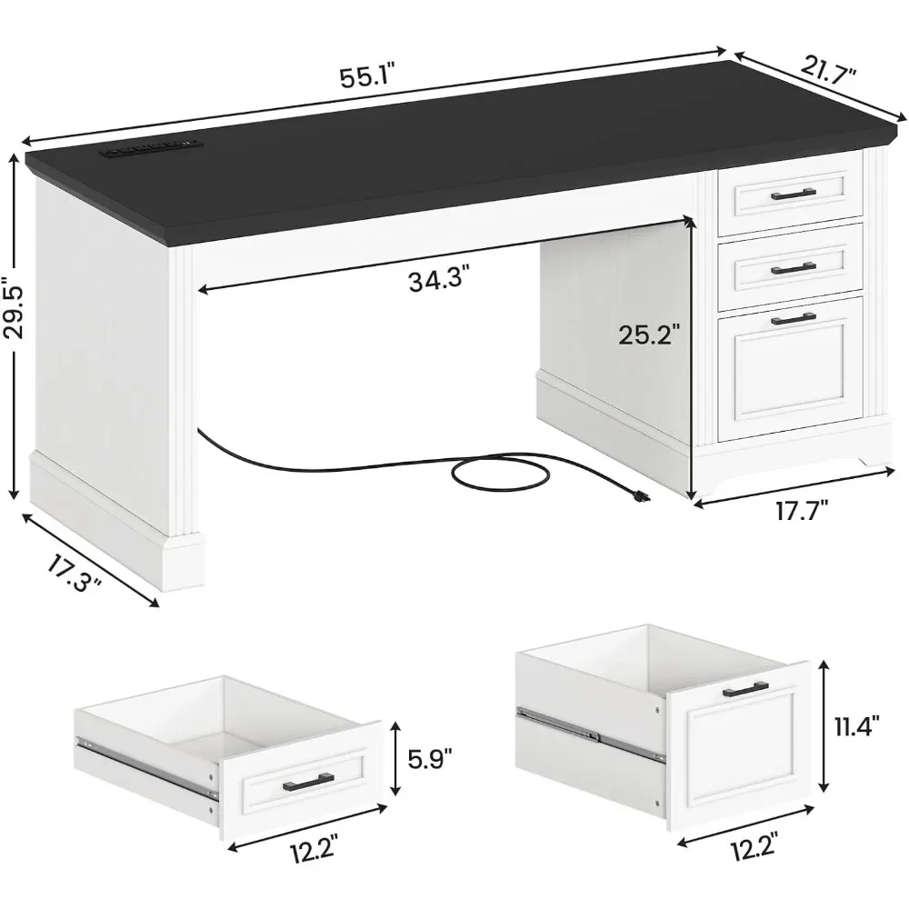 Office Desk with 3 Drawers, 55" Executive Computer Desk with Storage Drawers, Farmhouse Desk with Power Outlet for Home Office 5