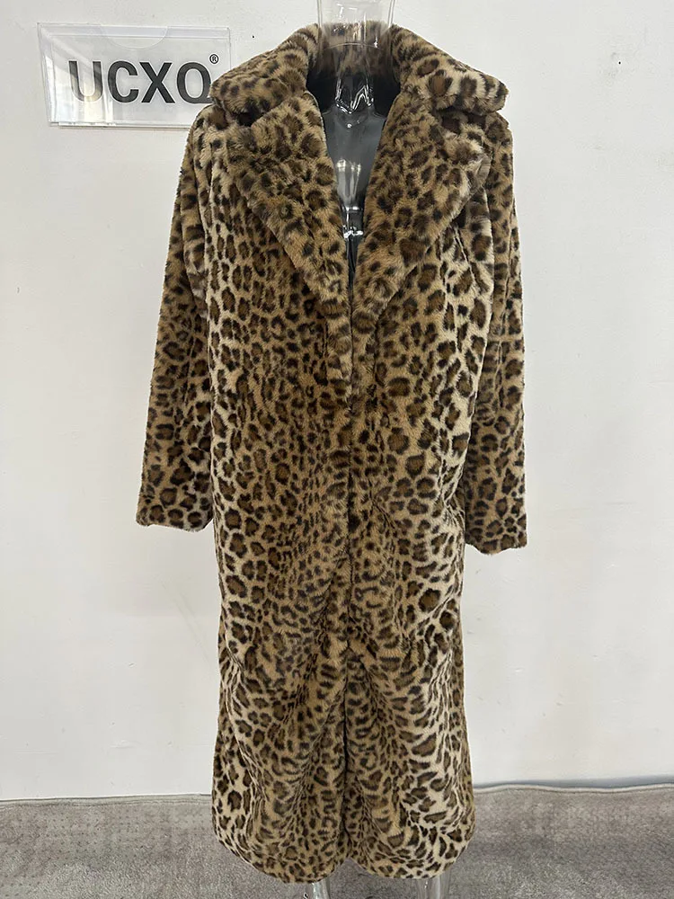UCXQ Winter Long Warm Thick Leopard Fluffy Faux Fur Coat