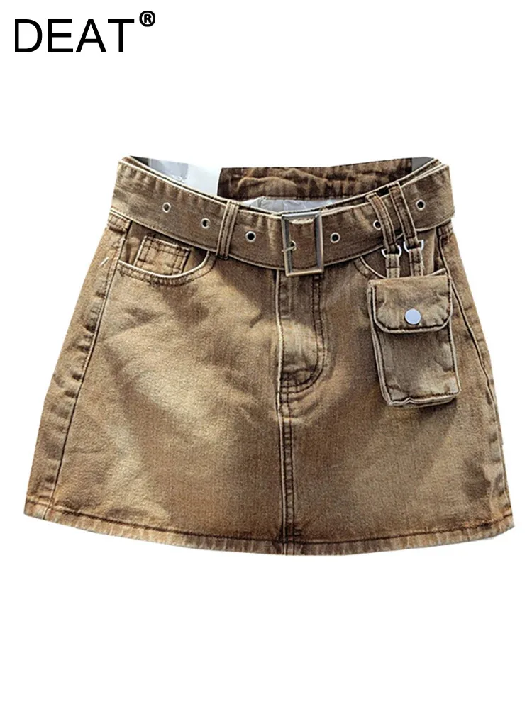 

DEAT Women's Denim Skirt High Waist Single Bag Belt Washed Slim Solid Color Wrap Hip Miniskirts 2024 Spring New Fashion 29L6770