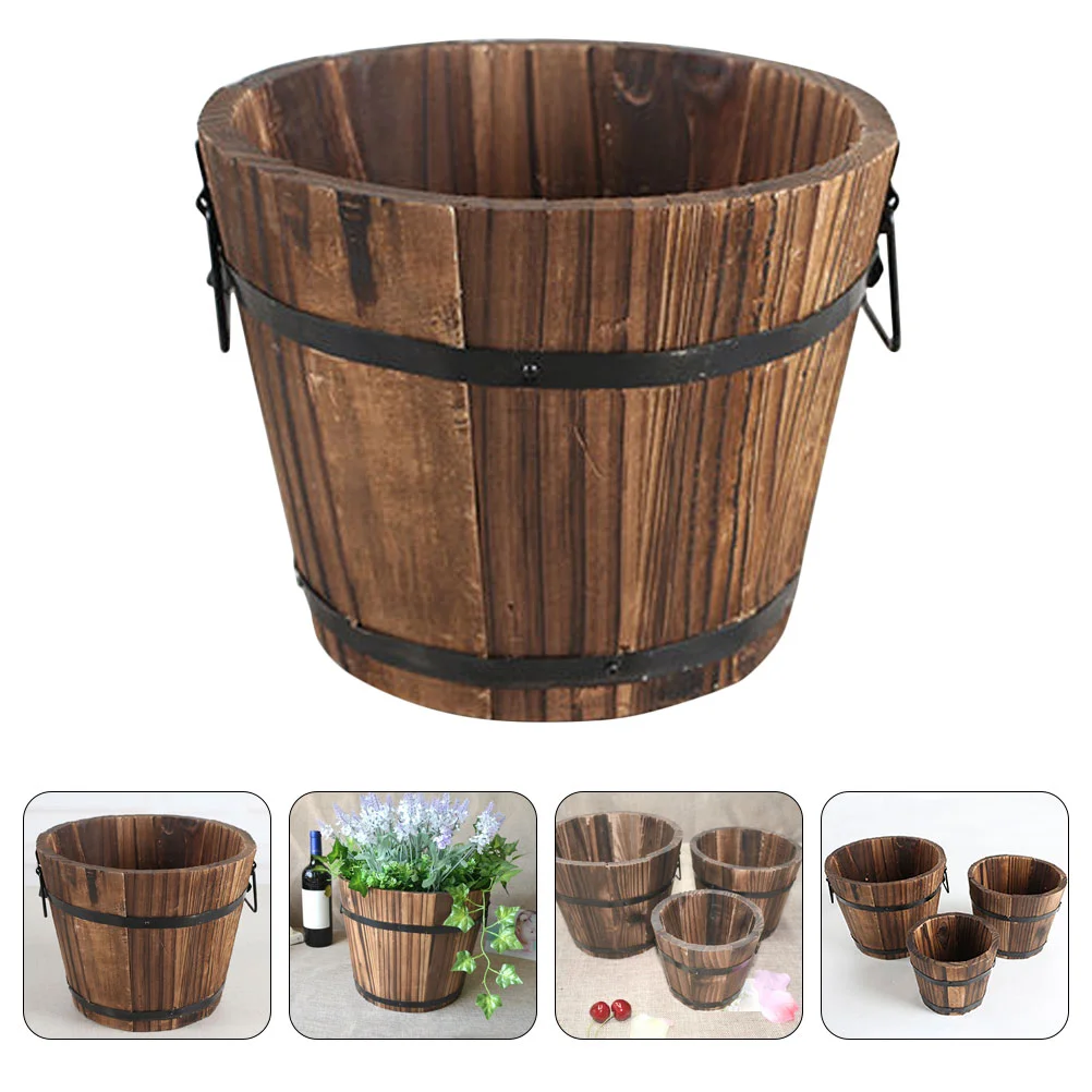 

Flower Pots Wood Flower Bucket Pot Planter Barrel with Handles Wooden Outdoor Indoor Home Decor