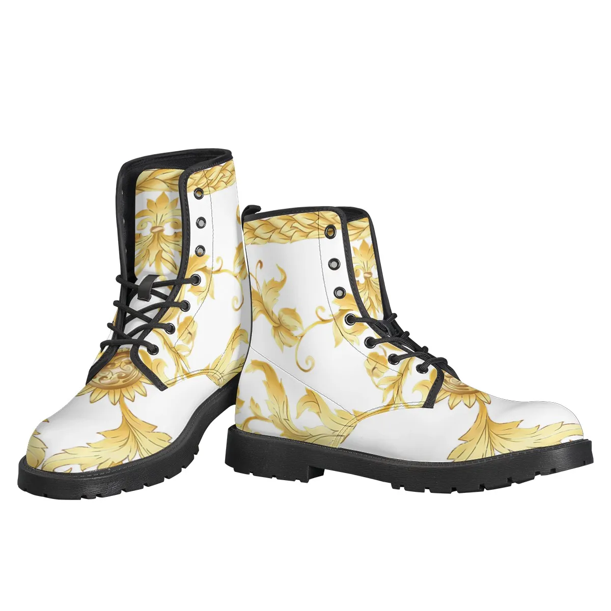 Size 35-46 INS Woman PU Leather Ankle Boots Fashion White And Golden Rococo Prints Shoes Woman Short Classic Boots