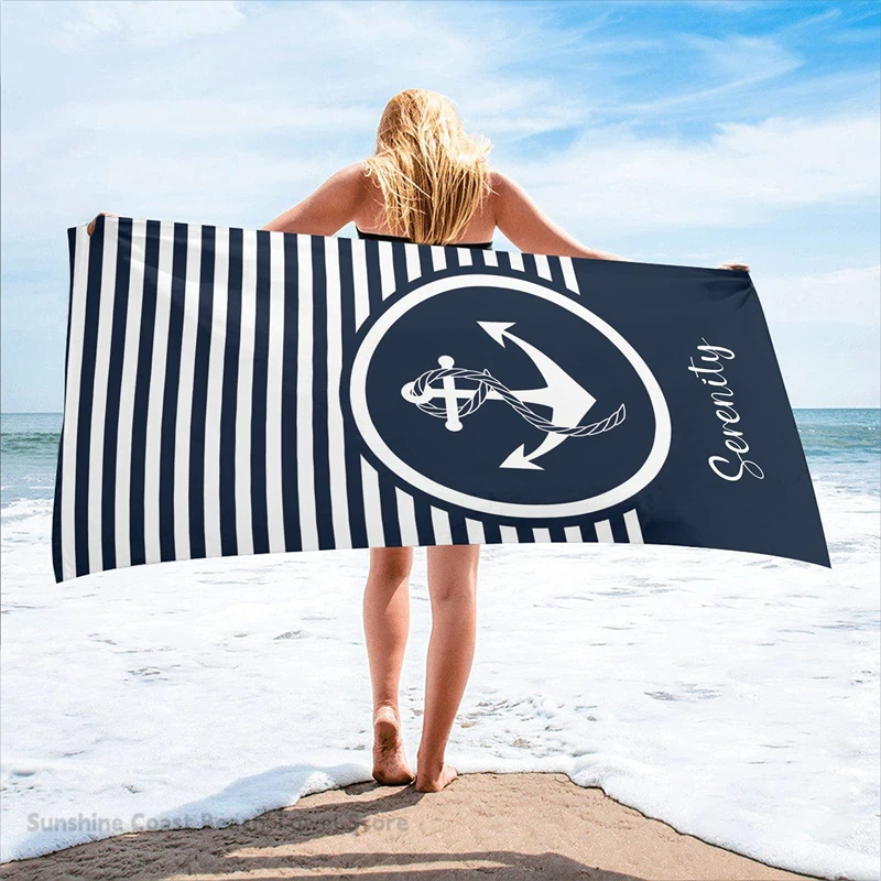 

Personalized Beach Towel with Name Blue Stripe Nautical Anchor Swim Bath Towels for Kids Adults Sport Bathroom Bath Towel Large