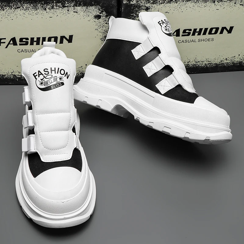 Men Leather Boots High top Fashion Casual Sneakers Thick-soled Chunky Comfort Platform