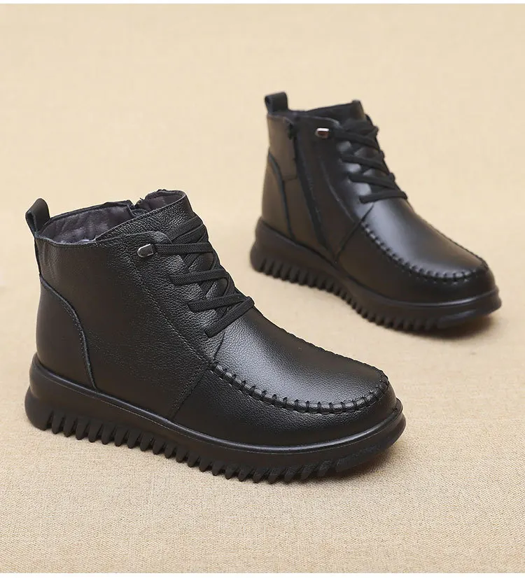 High Quality Genuine Leather Waterproof Snow Boots Female Winter Plush Warm Shoes Women Ankle Boots Mother Non-slip Booties