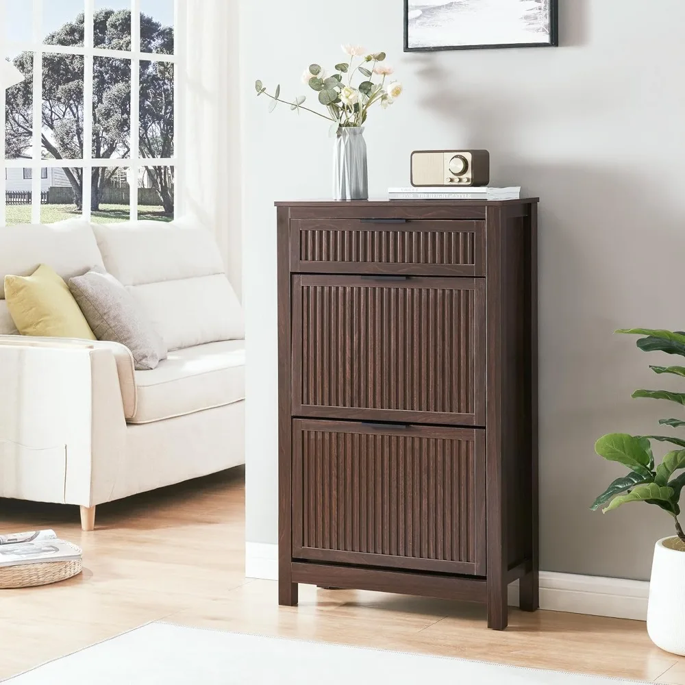 Narrow Flip-Drawer Shoe Cabinet, Wooden Entryway Storage Organizer with Adjustable Shelves