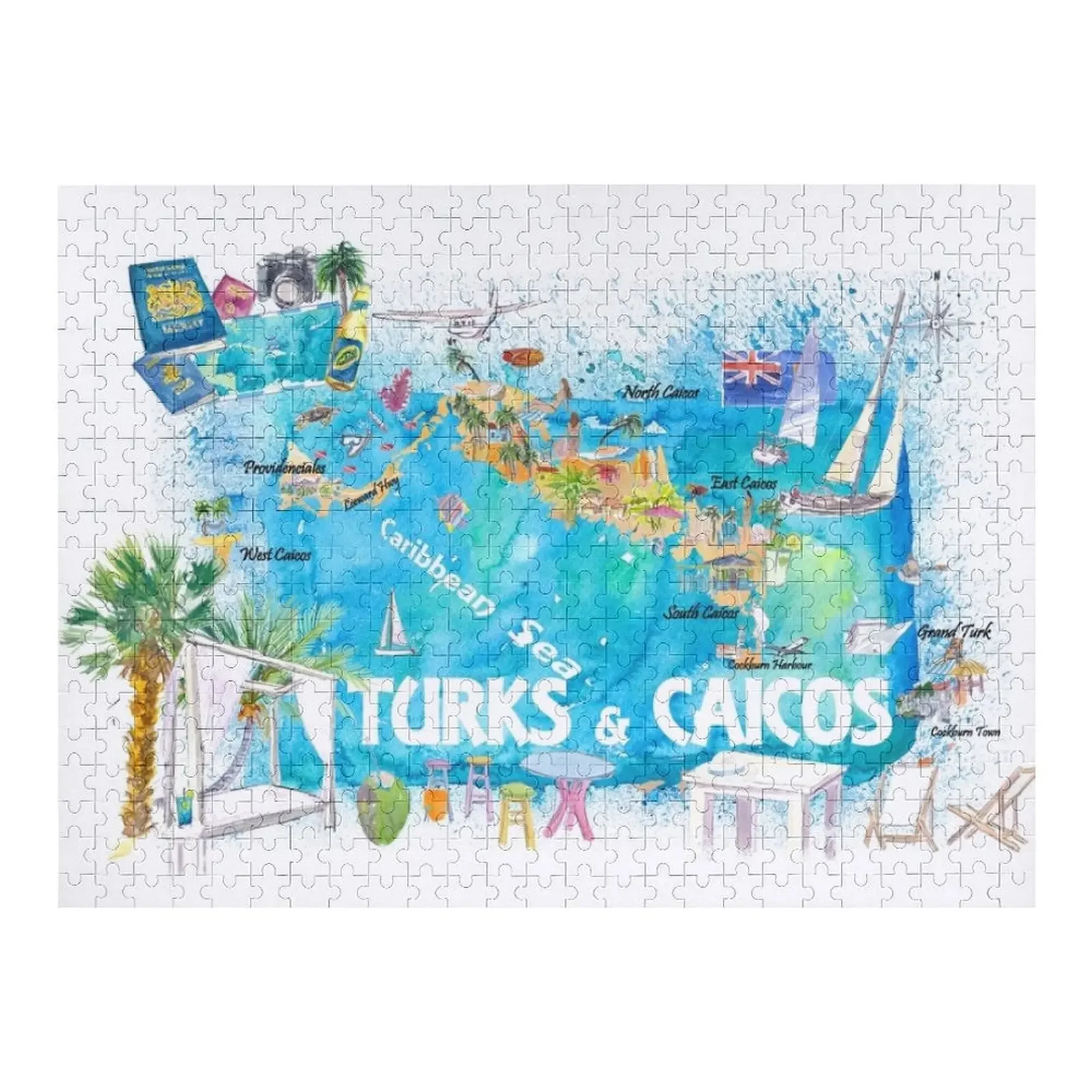 Turks & Caicos Antilles Illustrated Travel Map with Roads and Highlights Jigsaw Puzzle Custom Child Gift Puzzle