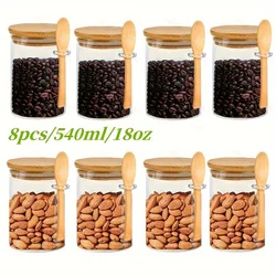 Airtight Glass Storage Jars with Lids and Spoons - 18oz, Clear Containers for Spices, Candy, and Small Foods (8PACK)