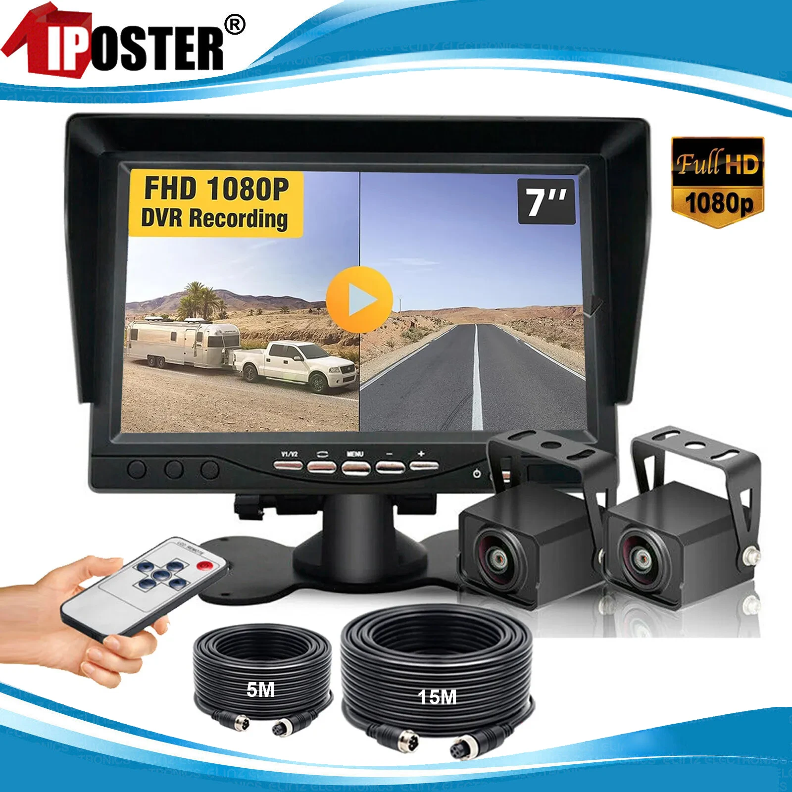 

iPoster 7" DVR Monitor Loop Recording 2x AHD 1080P 4PIN Mini Rear View Reversing Cameras Kit 12-24v For Truck Trailer Caravan Rv