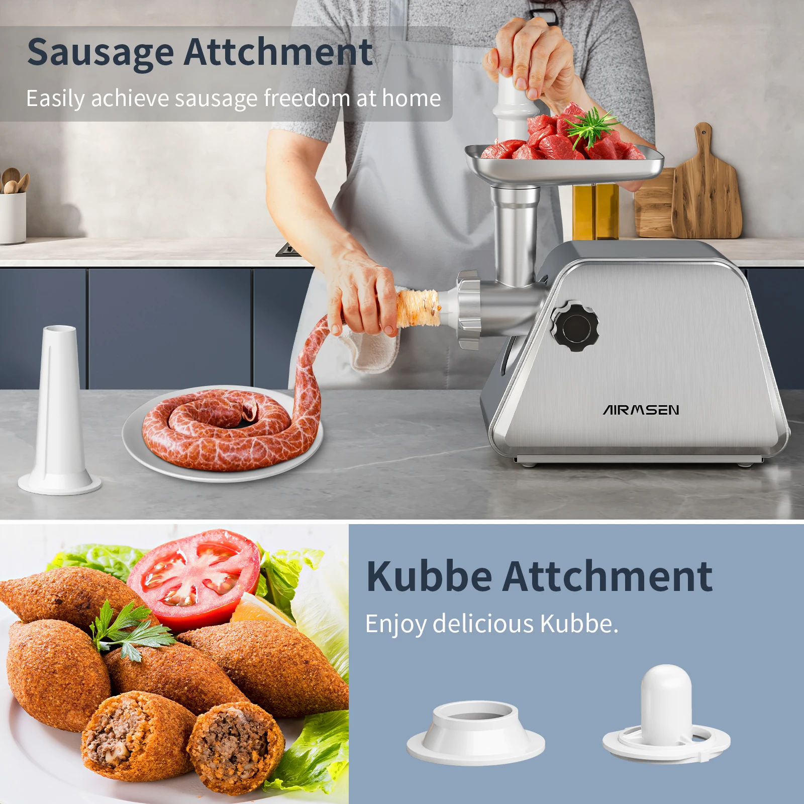 AIRMSEN Stainless Steel Meat Grinder, Electric 3 in 1 Meat Mincer with 2 Blades & 3 Plates, Sausage & Kubbe Maker Kit, Fixed Loc 5