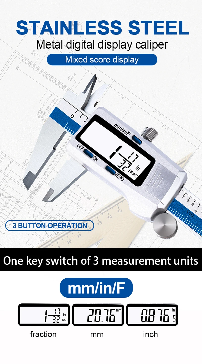 Description Picture 2 of itemET52 150mm Stainless Steel 0.01mm Precision Measure 6-Inch Digital Caliper Vernier Caliper Mm/inch/Fraction Display Zero Setting