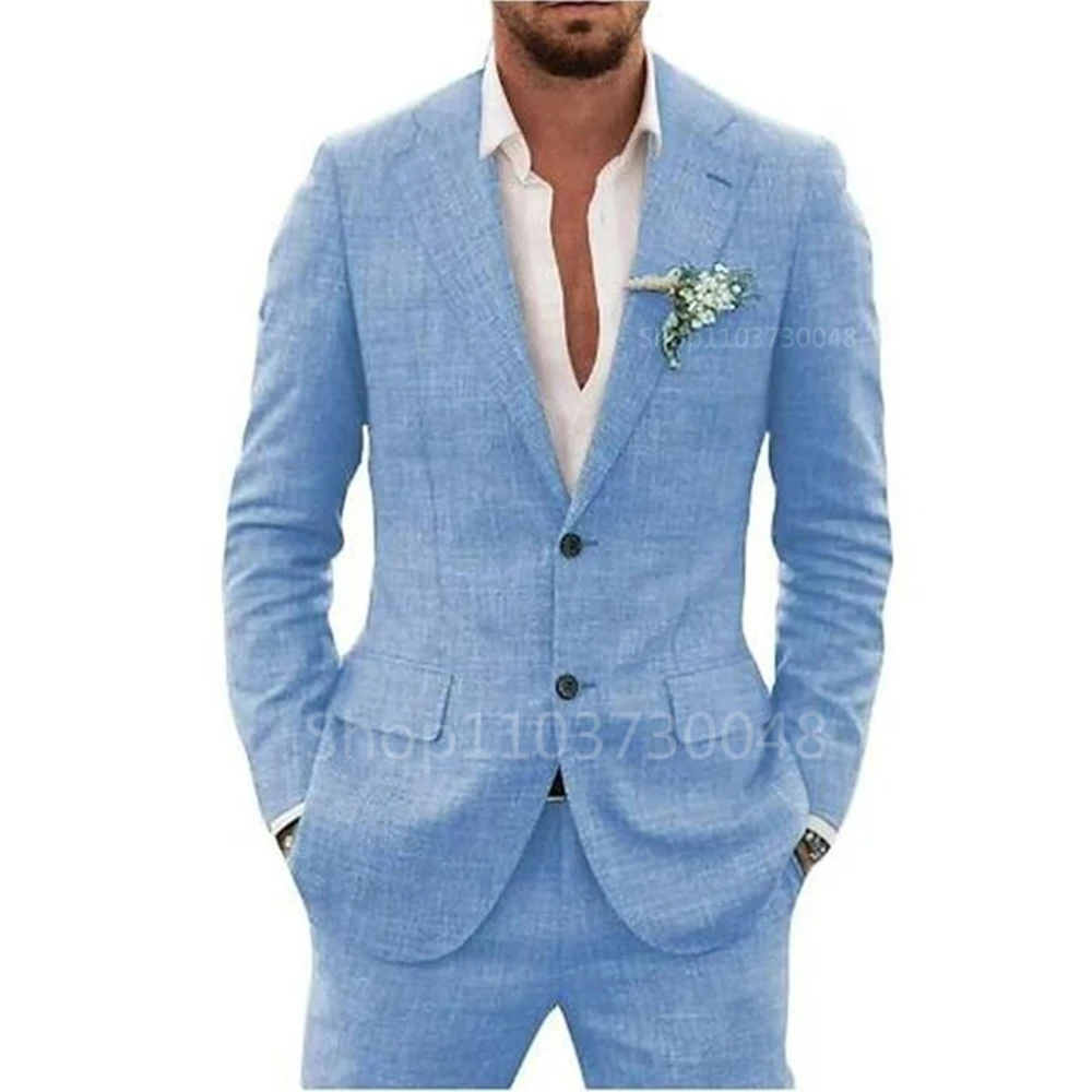 Casual 2 Piece Beige/Blue Linen Men Suits Notch Lapel Slim Fit Groom Tuxedos Blazer Pants Sets Wedding Prom Party Costume Homme 2