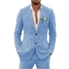 Casual 2 Piece Beige/Blue Linen Men Suits Notch Lapel Slim Fit Groom Tuxedos Blazer Pants Sets Wedding Prom Party Costume Homme 2