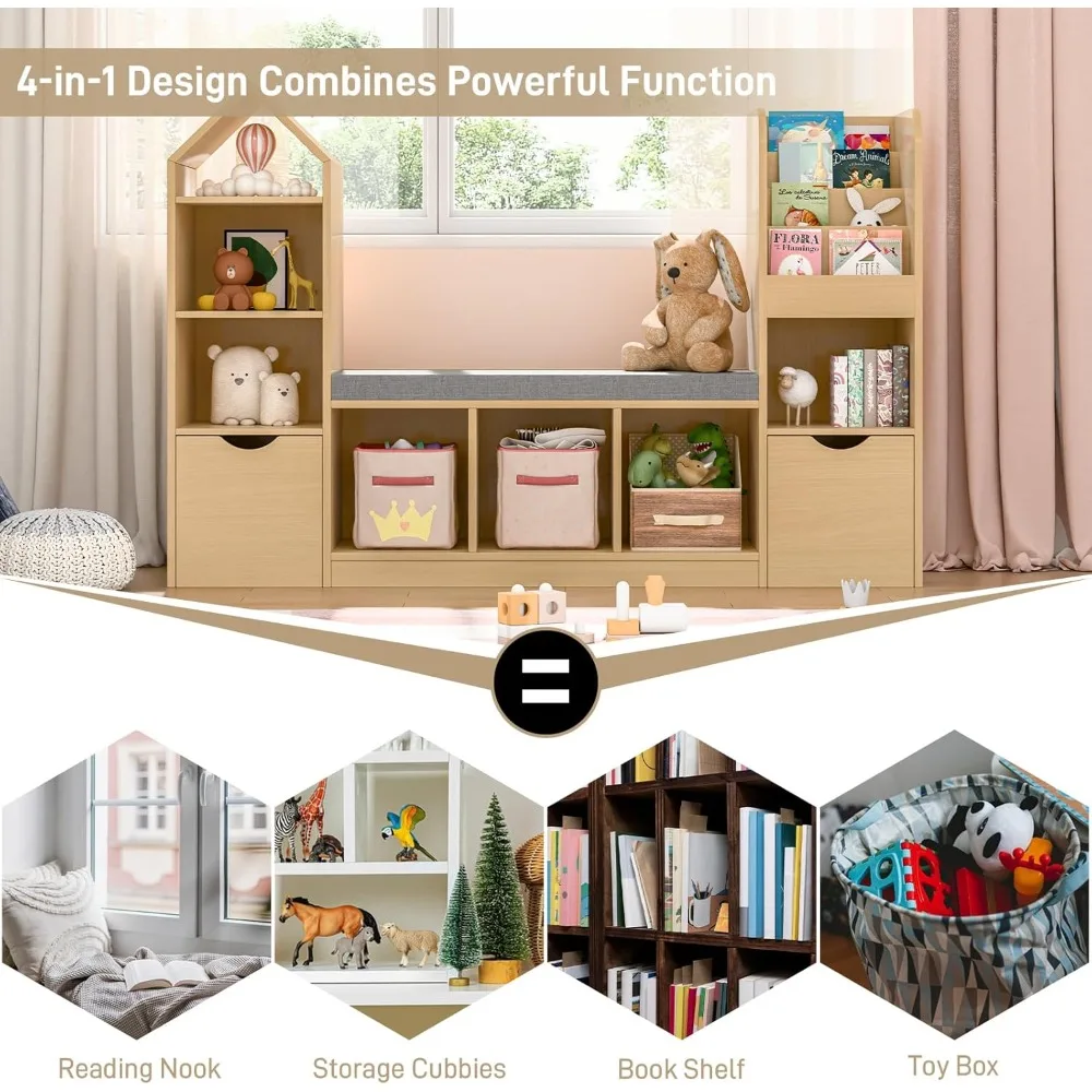 Kids Bookcase with Reading Nook, 7 Storage Cubbies & 2 Drawers, Toy Organizer with Seat Cushion for Playroom