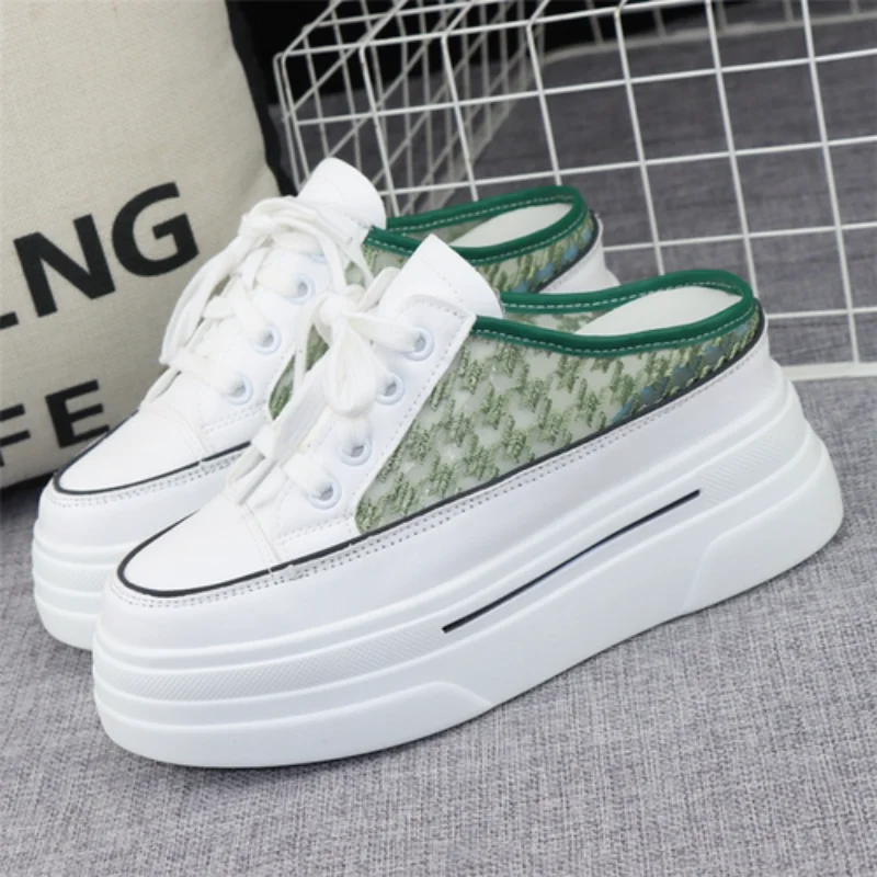 

Round Toe Mesh Breathable Semi-slippers Women's Summer New Outer Wear Thick Bottom Heightened 8cm Without Heel Slip-on Sneakers