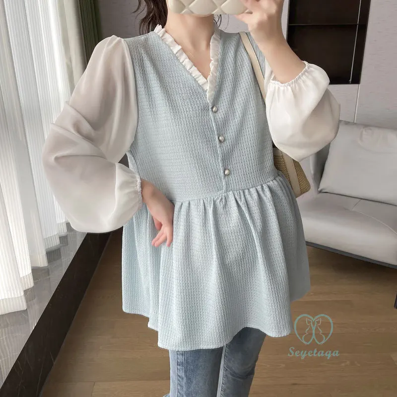 Maternity Tops V Neck Patchwork Blouses for Pregnant Women
