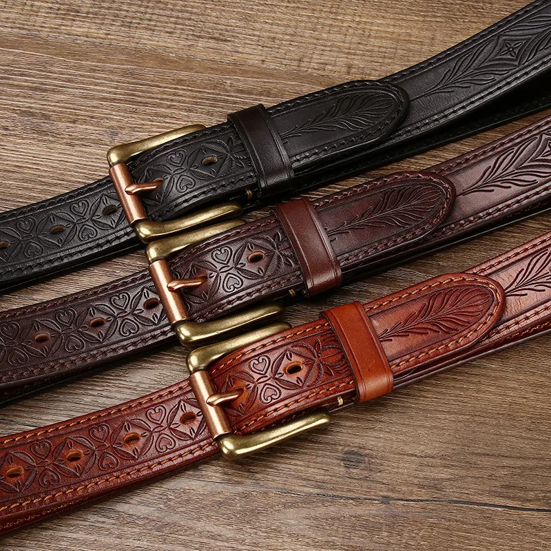 

Trendy Embossing Available On Both Sides, Thickened Top Layer Cowhide Belt, Men's Genuine Leather Copper Buckle, Men's Belt