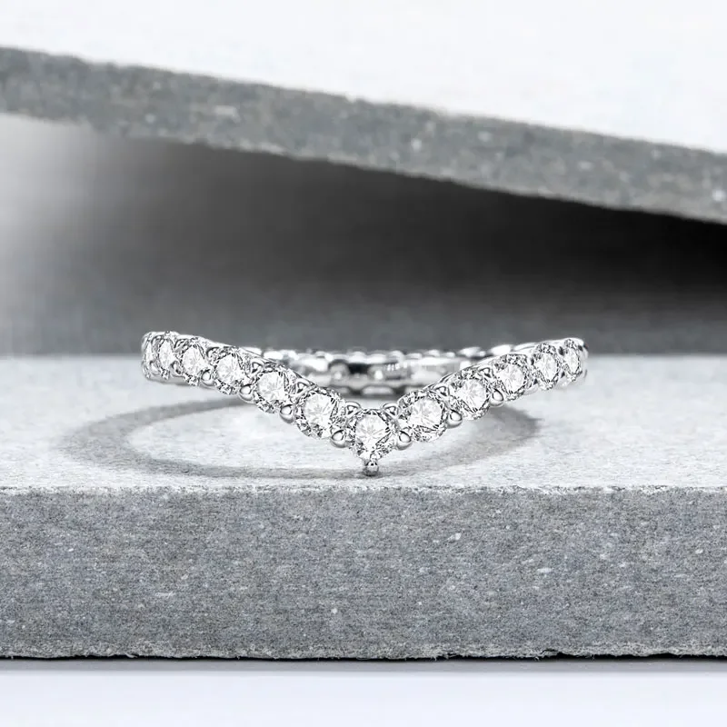 Moissanite Wedding Band For Women V Shaped Full Pave D Color Brilliant Round Eternity Ring Genuine 925 Sterling Silver