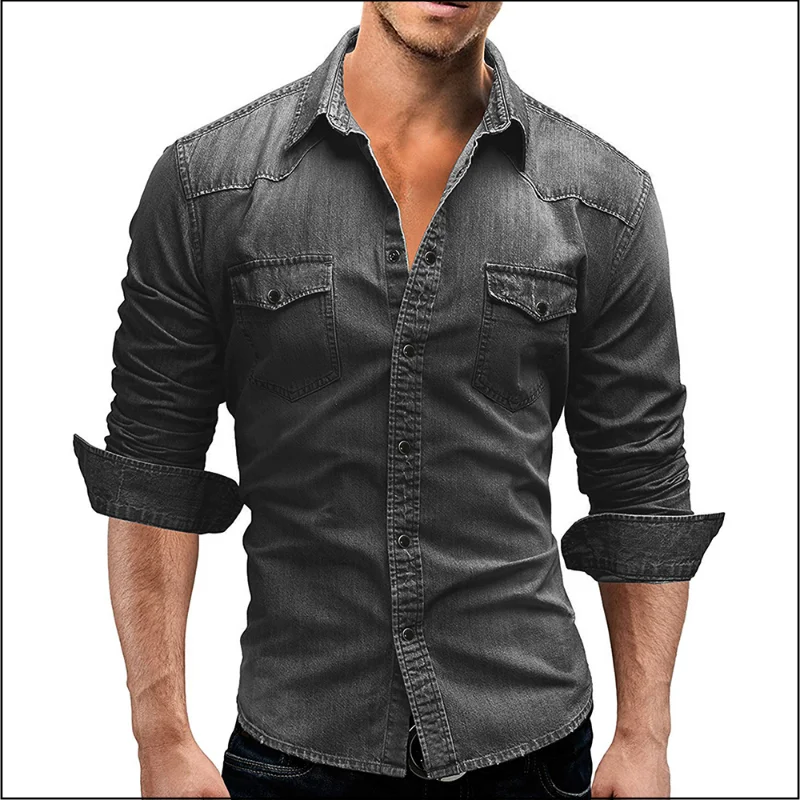 Men Autumn Denim Shirt Short Sleeve Soft Cotton Two Pockets Slim Slight Elastic Cowboy Shirt