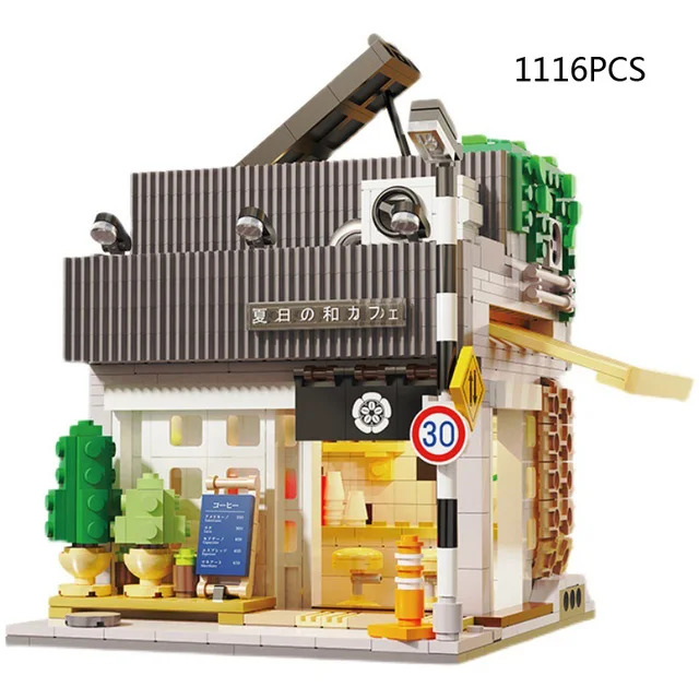 Japan Street View Building Block Summer Japanese Coffee Shop Model City Streetscape Bricks Assemble Toys With Led Light For Gift 2