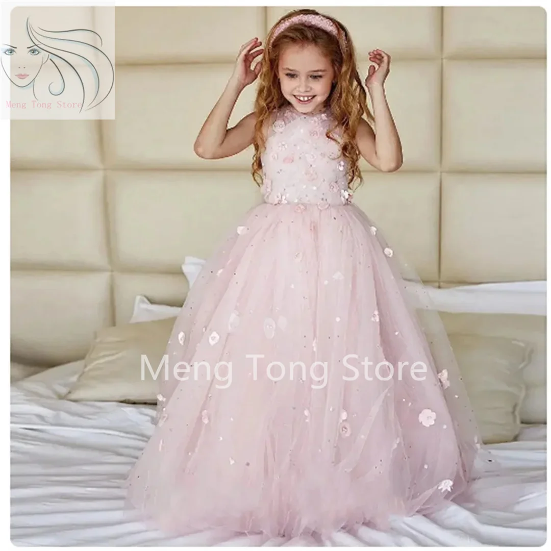 

Pink Puffy Tulle Flower Girl Dress For Wedding Sleeveless Applique Kids Party Birthday Dress First Communion Ball Gown