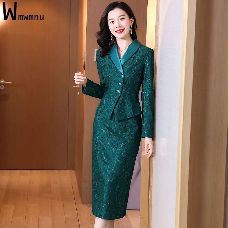 Office Ladies Slim Luxury Lace Blazer Outfits Formal Chic Elegant Long Sleeve Ruffle Suit Coat+Mid-lenght Skirts OL 2 Piece Sets