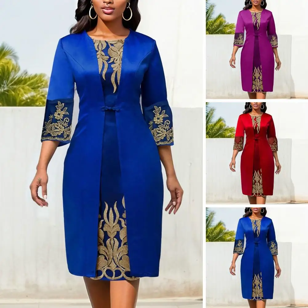 

Long Gown Dress Elegant Vintage Floral Lace Dress with Slim Fit Waist 3/4 Sleeve Embroidery Women's Retro O-neck for Streetwear