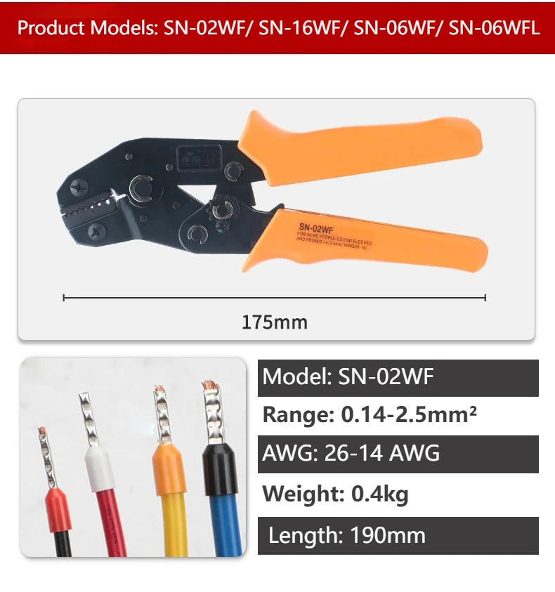 JH 7.5" SN Series Tubular Ferrule Terminal Crimping Pliers VE/TE/GT/EN Wiring Pl