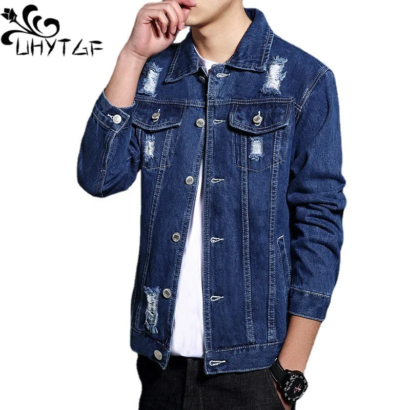 

UHYTGF Fashion Youth Denim Jacket Men's Single Breasted Hole Casual Spring Autumn Jeans Coat Male Lapel Cowboy Tops Outewear 294