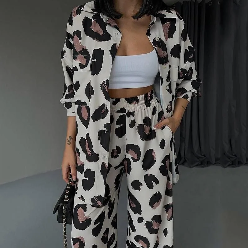 Women's Spring and Autumn New Leisure Suit Cow Print Women's Print Design Long Sleeve Shirt Wide Legs Trousers Leopard Print Set