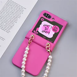 Luxurious Korean Rose Red Leather Chain Pearl Bracelet Phone Case - Shockproof Back Cover with Elegant Design for Z Flip 8 (A)
