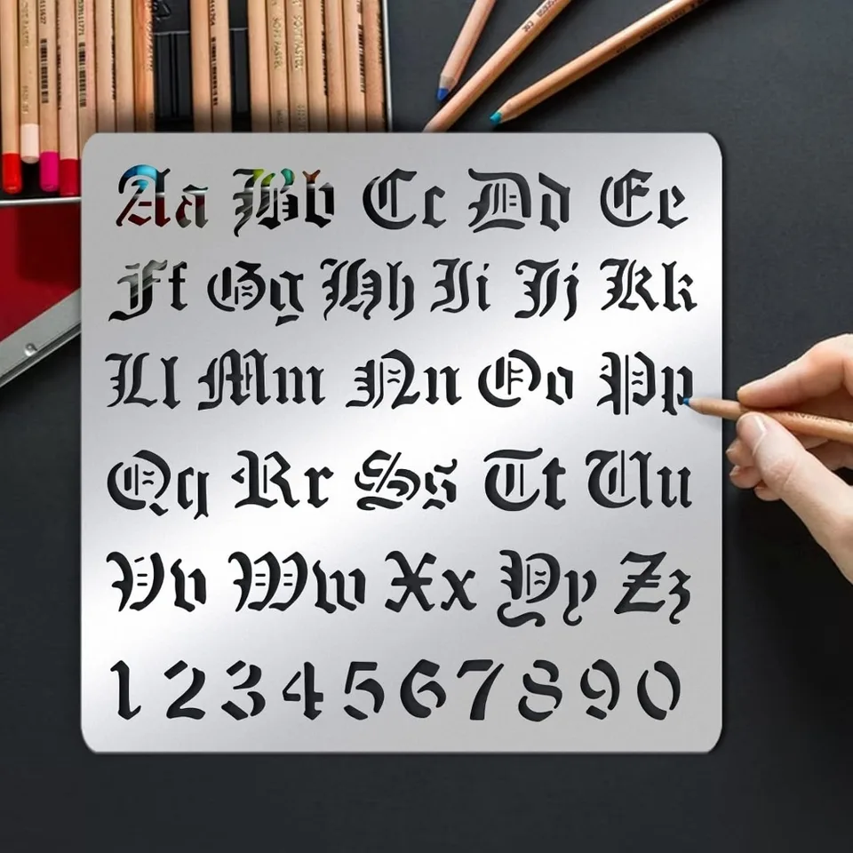 Pochoirs de lettres en métal mat, modèle de pochoir gothique de A à Z avec  chiffres de l'alphabet pour peinture, gravure sur bois et cuir - AliExpress, image size:960x960