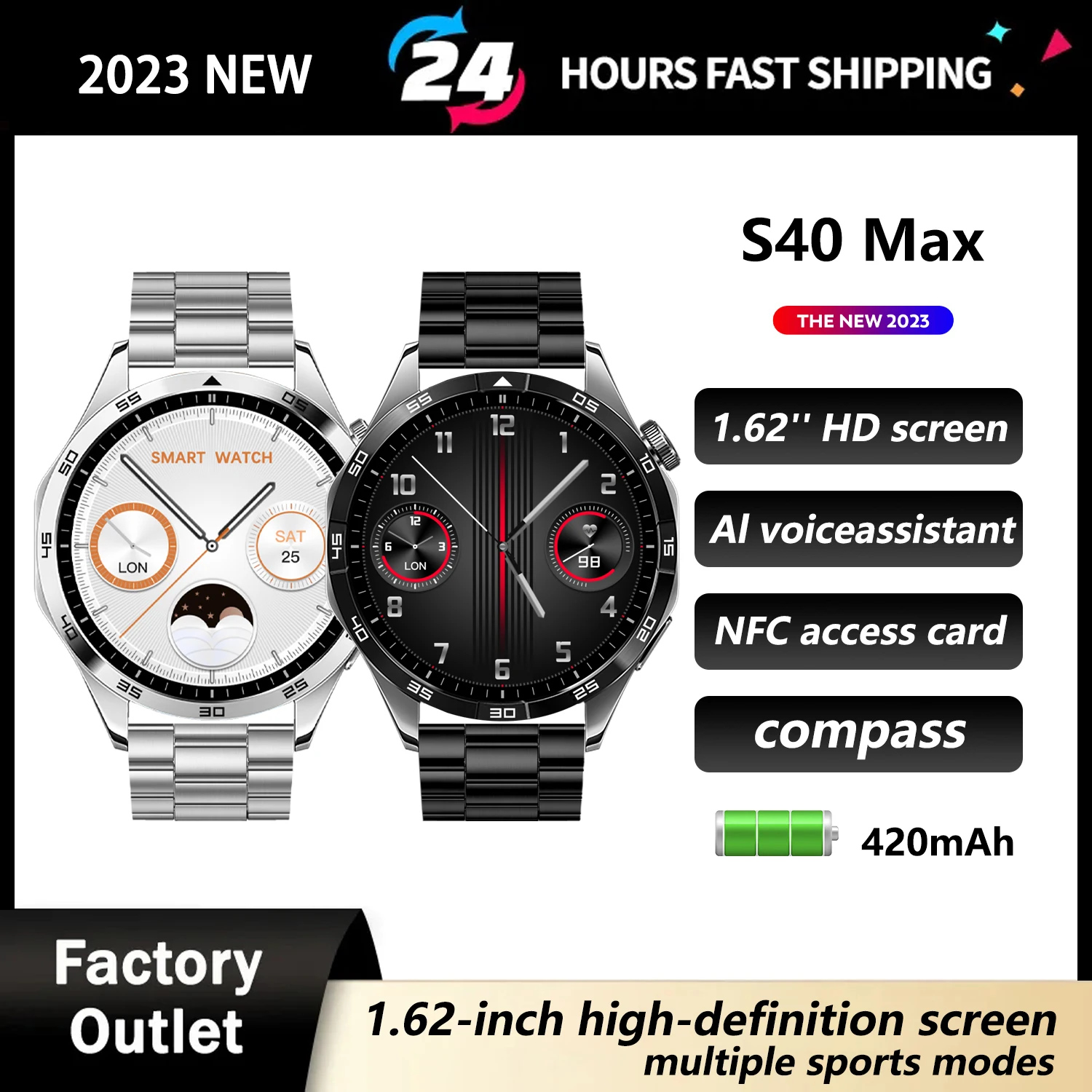 

Смарт-часы S40 Max мужские, экран 1,62 дюйма HD, с компасом и Bluetooth
