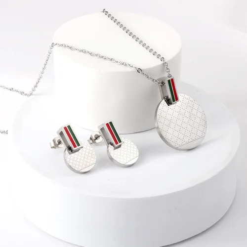 LUXUSTEEL 여성을위한 라운드 펜던트 목걸이 귀걸이 남성 골드 스테인레스 스틸 레드 그린 스트라이프 마름모 패턴 쥬얼리 세트 선물 4