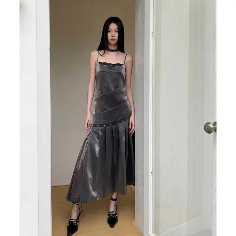 

Black Women Dress Romantic Retro Tea Break French Backless Sleeveless Sling Long Skirt Unique Temperament Apricot Ball Dress ﻿