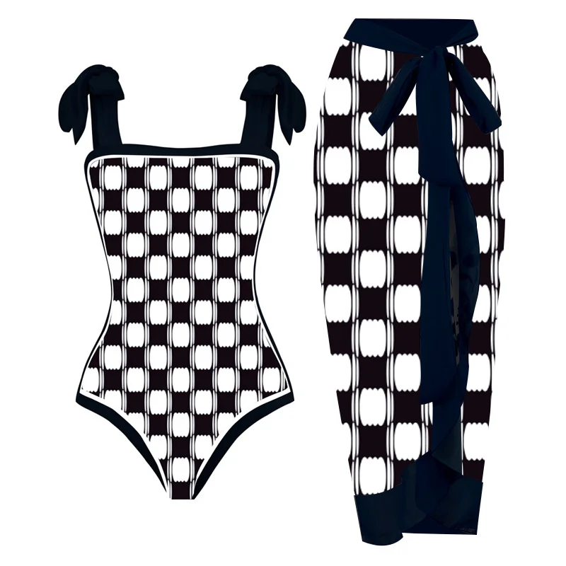 Bikini Bodysuit Swimwear Women With Skirt Bathing Suit Summer New Ruffle Splice Print Beachwear Holiday Bikini Cover Ups Outfits
