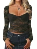 Women Crop Floral Lace Tops Long Sleeve Shirt Casual Pullovers for Club Streetwear Aesthetic Grunge Clothes 1