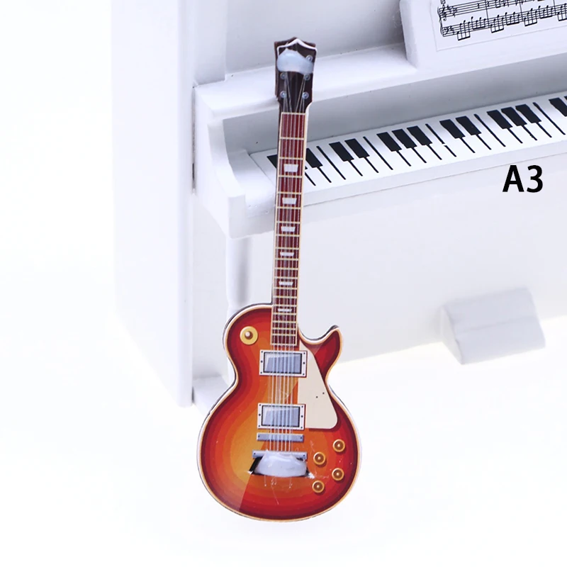 1:12 Scale Miniature Wooden Guitar With Stand & Strap - Dollhouse Accessory Or Decorative Model