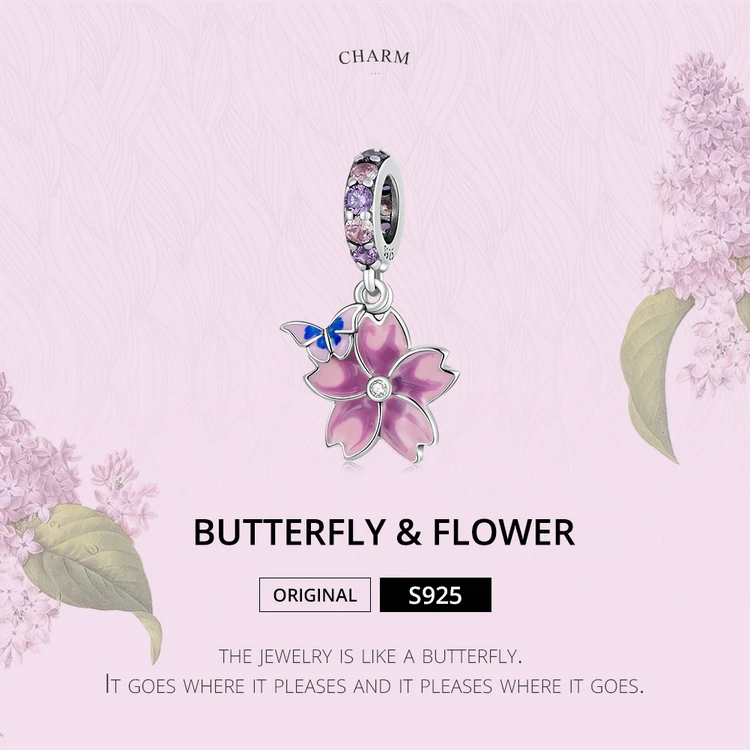 cartier ring BAMOER 925 Sterling Silver Butterfly Pink Flower Charm Honeycomb Bee Pendant Ladybug Four-leaf Clover Pendant for Bracelet Women silver rings